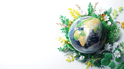 Earth Enveloped in Lush Greenery: A Sustainable Image. A digitally enhanced image of planet Earth, encircled by vibrant green foliage and leaves.