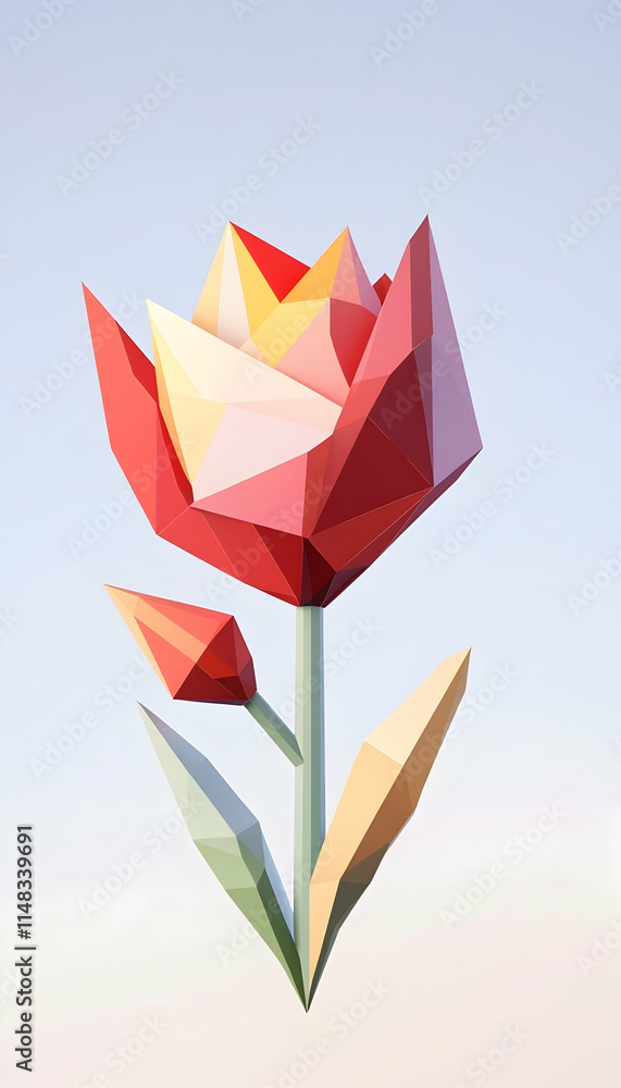 Poster low-poly red tulip against a soft gradient background, ideal for design projects.