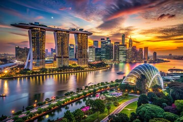 Obraz premium Singapore Dusk Cityscape: Marina Bay Sands, Gardens by the Bay, Low Light Photography, Night View