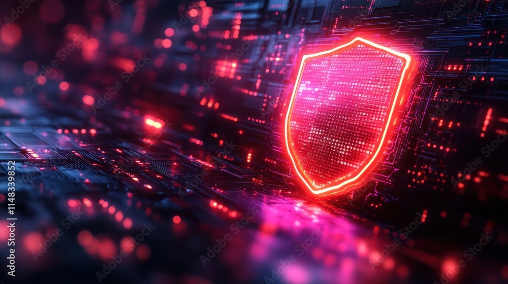Poster glowing digital shield on a circuit board, representing cybersecurity and data protection. (1)