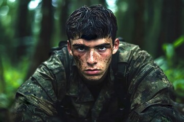 Obraz premium Young soldier crawling on the ground during a military operation in the jungle, his face covered in mud and sweat, showing determination and focus