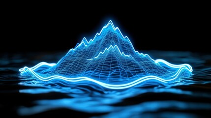 Abstract Blue Glowing Wireframe Mountain Peak and Wave Data Visualization