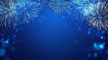 Blue fireworks background with copy space.