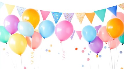 Obraz premium Colorful balloons and bunting flags for party celebration isolated on white background.