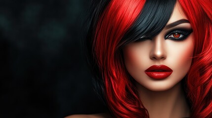 Fototapeta premium Close-up portrait of a woman with half red and half black hair, wearing dramatic makeup.