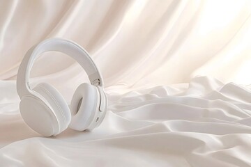 Modern white wireless headphones are lying on a luxurious white silk background, creating a sophisticated and elegant atmosphere, perfect for showcasing audio products or relaxation concepts