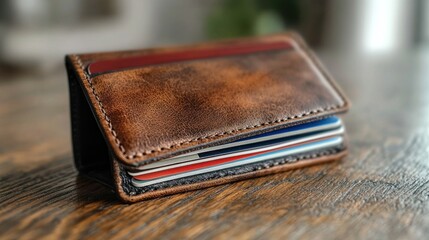 Brown leather cardholder with multiple credit cards on wooden surface.