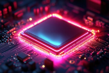 Obraz premium Close-up of a glowing CPU on a circuit board, showcasing technological advancement.
