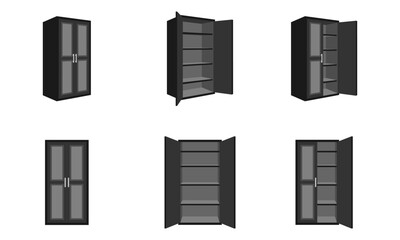 cupboard open and close, front view and side view set vector illustration isolated on white background.
