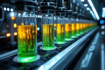 A production line featuring illuminated vials filled with vibrant liquids.
