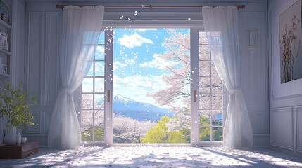 桜の花びらが窓から入る