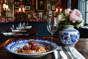 Fototapeta premium Italian cuisine delight cozy restaurant food photography elegant decor close up culinary experience