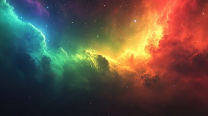 Fototapeta premium Vibrant nebula with red, orange, green, and blue hues in space.
