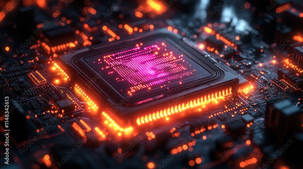 Poster close-up of illuminated central processing unit on circuit board.