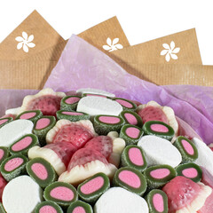 Candy Bouquet with Green, Pink, and White Sweets