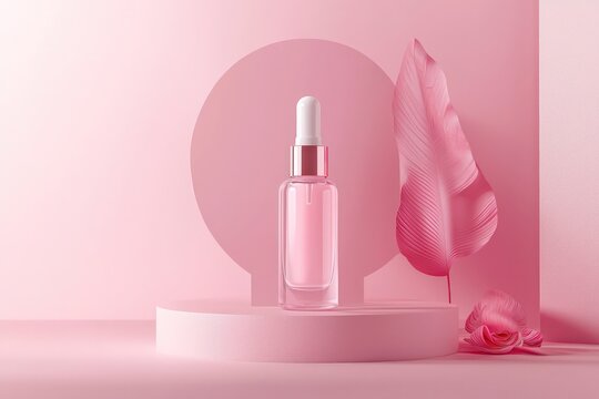 Elegant cosmetic bottle podium on pink background for product presentation