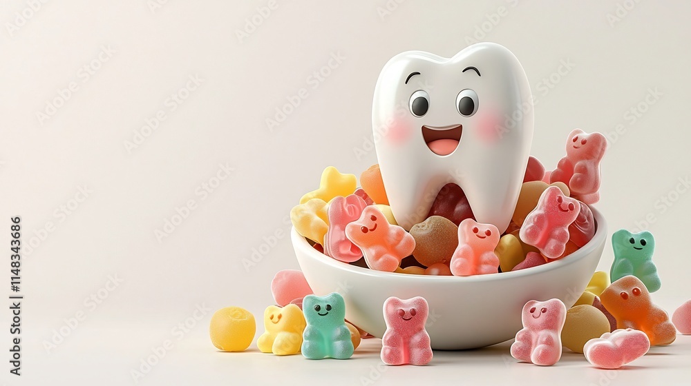 Poster a joyful and energetic 3d cartoon animation depicting a tooth character ecstatically enjoying a bowl