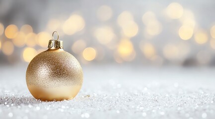 single gold Christmas ornament on a snowy surface