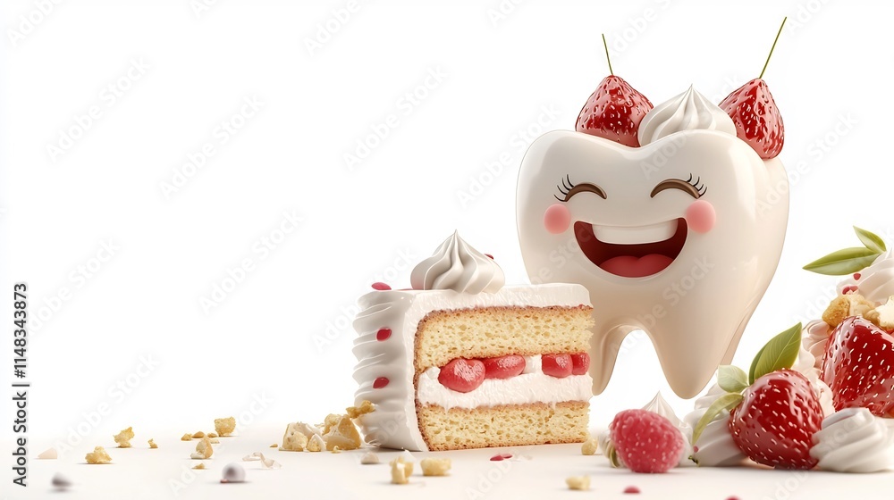 Poster a cheerful 3d cartoon animation of a tooth character happily biting into a slice of creamy delicious