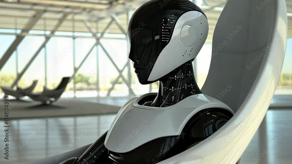 Poster advanced humanoid robot seated in a modern, minimalistic interior setting showcasing futuristic desi