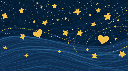 Illustration of a starry night with shooting stars tracing heart paths, providing the night sky for text