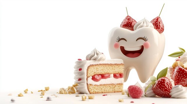 A cheerful 3D cartoon animation of a tooth character happily biting into a slice of creamy delicious cake with a bright playful expression on a plain white background  This fun