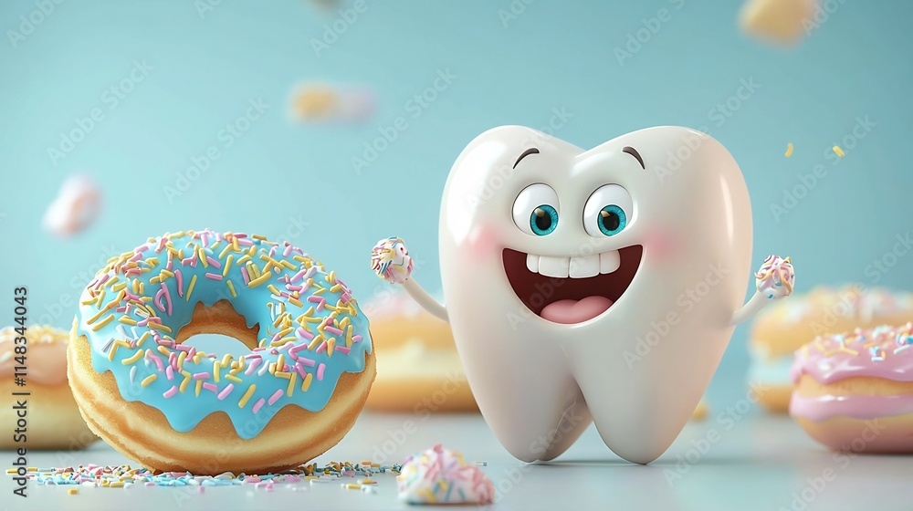 Poster a 3d cartoon animation of a smiling tooth holding a donut with colorful icing looking ecstatic and d