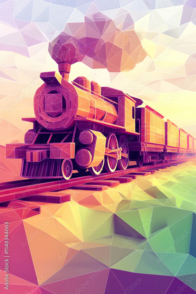 Poster Low-poly train on rails, with geometric background and colorful sky, suitable for digital art and graphic design projects.