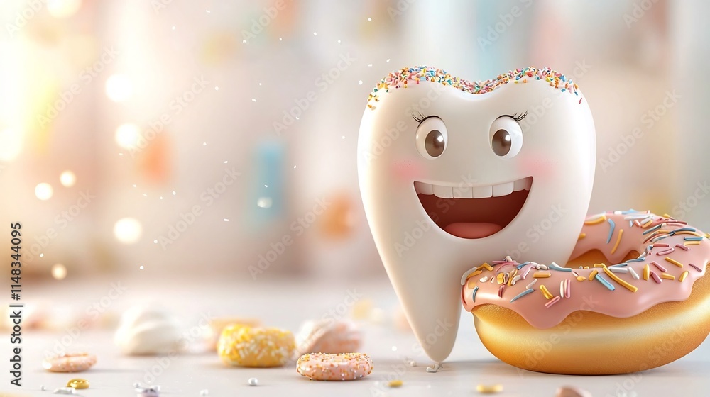Poster cheerful 3d cartoon animation of a smiling tooth character holding a vibrant donut dessert with colo