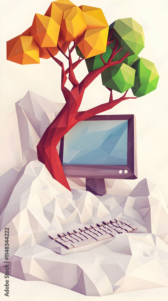Poster low-poly tree growing from computer keyboard on white background; digital nature concept for website