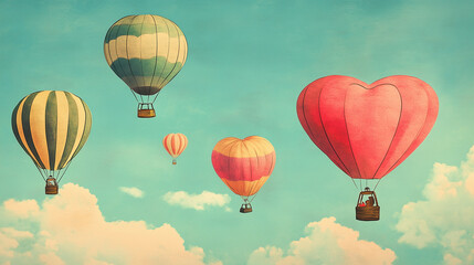 Fototapeta premium Illustration of a vintage carnival with heart-shaped balloons in the sky, providing ample sky for text