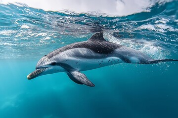 Naklejka premium Spotted dolphin surfing in waves in clear blue water , isolated on white background, , copy space, copy space for text,