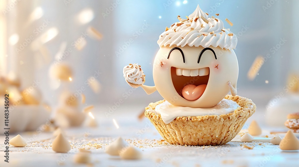 Poster cheerful 3d cartoon animation of a tooth character joyfully eating a slice of pie topped with whippe