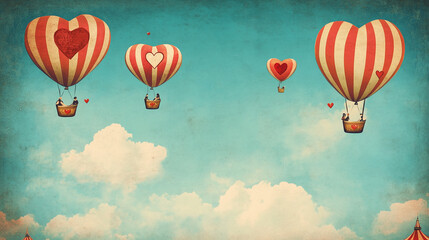 Naklejka premium Illustration of a vintage carnival with heart-shaped balloons in the sky, providing ample sky for text
