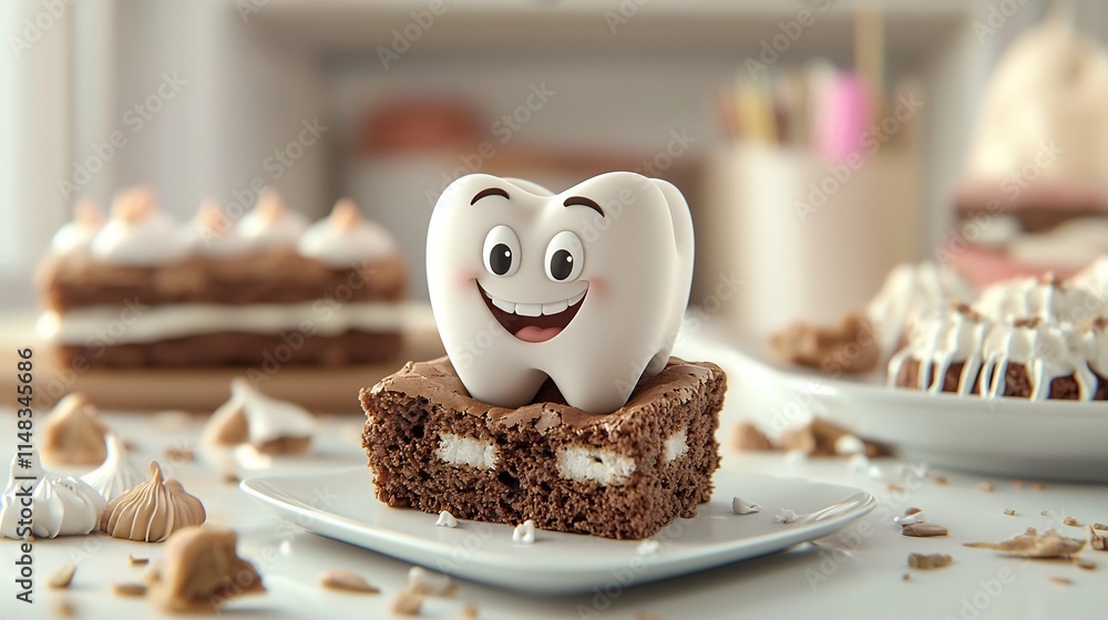 Poster cheerful 3d cartoon animation of a smiling satisfied tooth character enjoying and relishing a delici