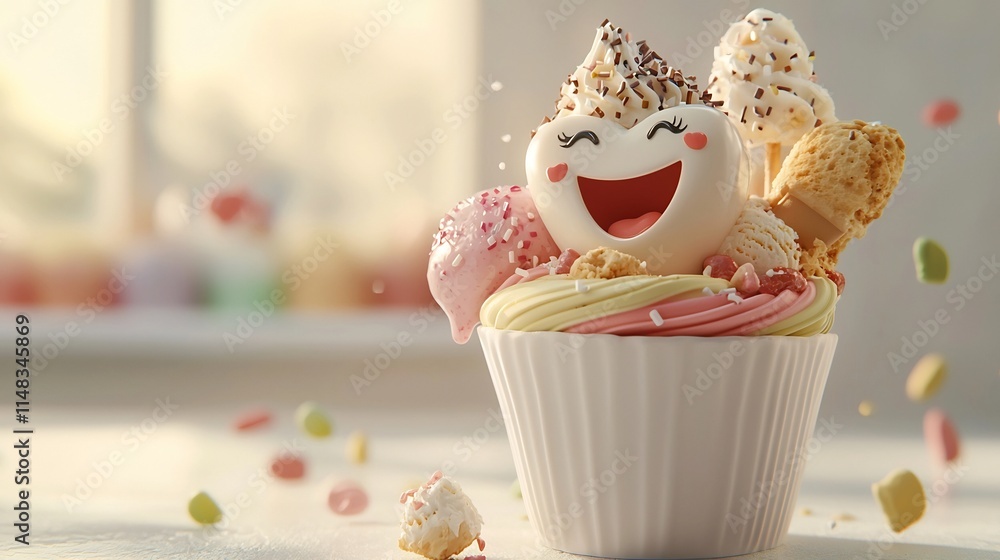 Poster a delightful 3d cartoon animation of a happy smiling tooth character enjoying a vibrant and colorful