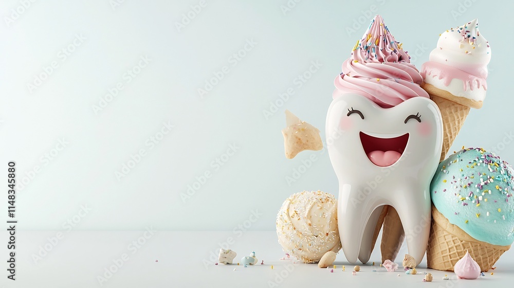 Poster delightful 3d cartoon animation of a happy smiling tooth character indulging in a vibrant and colorf