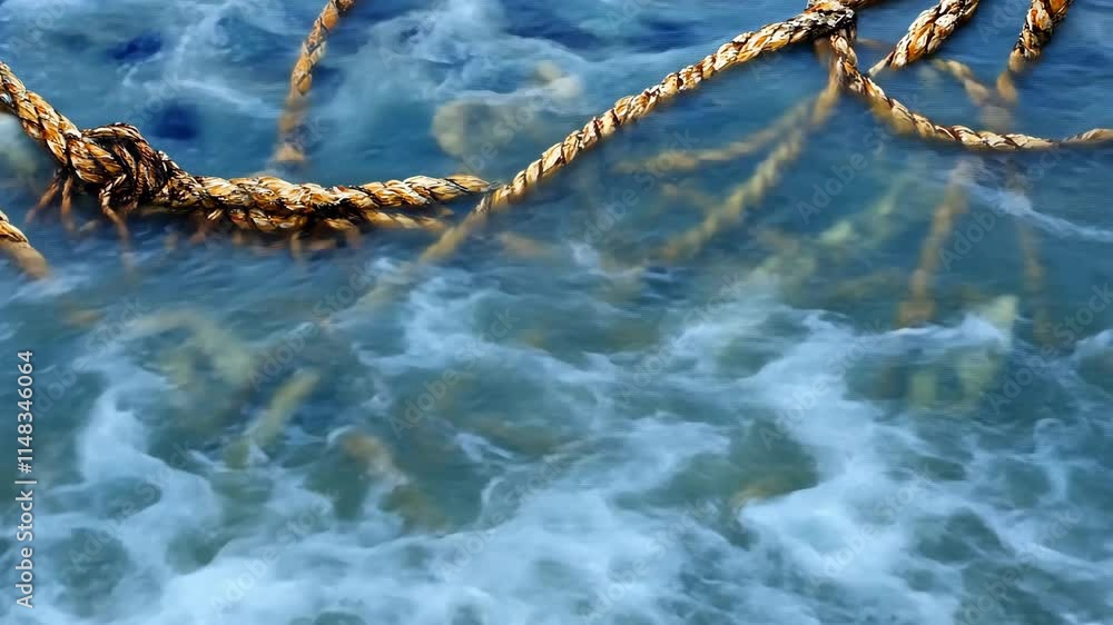 Poster ropes entangled in clear ocean water creating intricate patterns during midday light