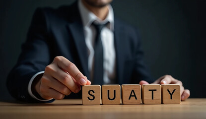 Businessman place the wooden cubes with ISO standards quality control concept, assurance warranty in dark background