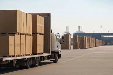 Delivery truck unloading cardboard boxes at a shipping dock during the day near a harbor