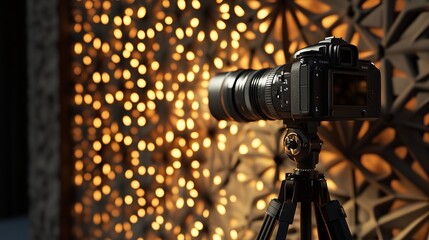 DSLR camera on tripod against bokeh background.