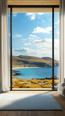 A serene view from a modern room showcasing mountains and a tranquil blue sea.