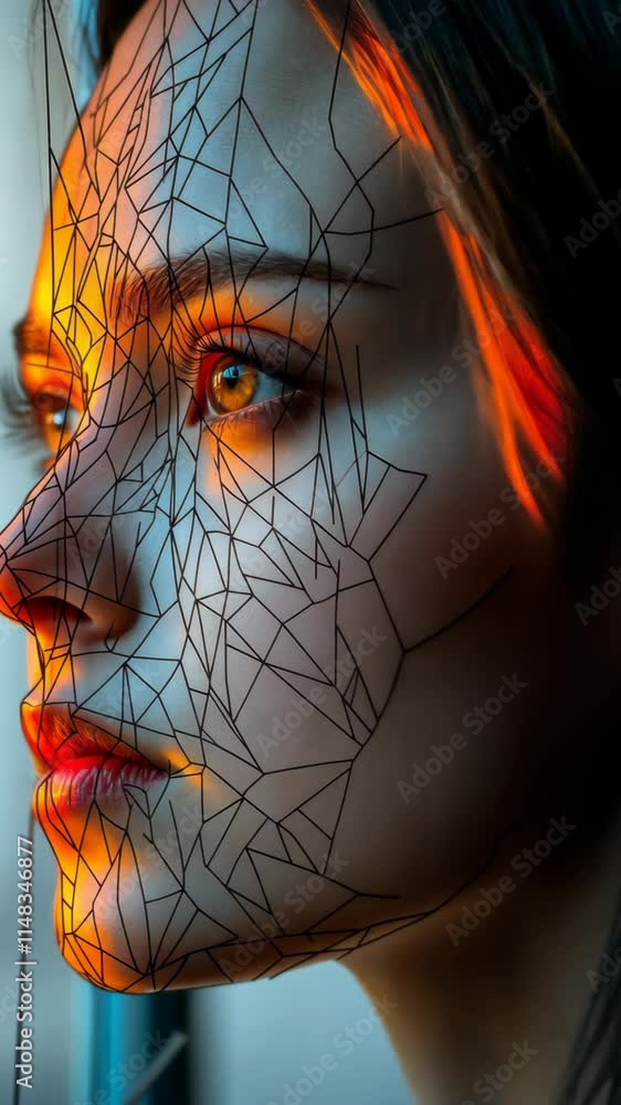 Poster artistic portrayal of a woman's face with geometric patterns illuminated by warm light in a creative