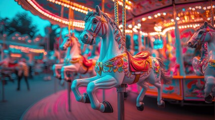 Obraz premium Close-up of a carousel horse at night, illuminated by colorful lights.