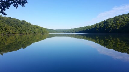 Obraz premium Serene lake reflects wooded banks.