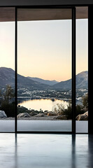 A serene view of mountains and a lake through large glass panels at sunset.