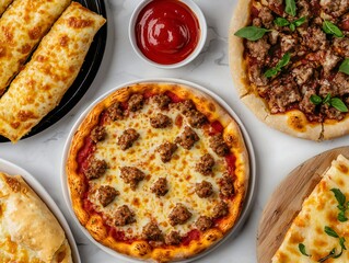 National Pizza Day Delicious Italian Pizza Assortment Gourmet Meat Lovers Pizza Breadsticks Cheese