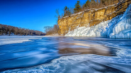 Frozen lake with cliffs