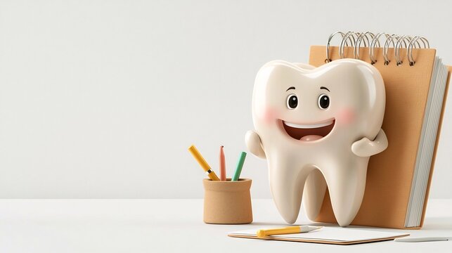 of a Cheerful 3D Cartoon Animation of a Tooth Character Acting as a Food Critic Holding a Pen and a Notebook with a Satisfied Smile Isolated on a Clean White Background  Concept for Dental