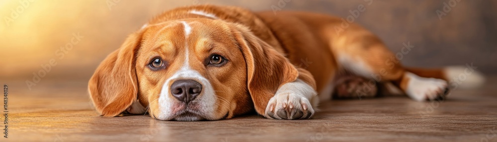 Aufkleber a beagle dog with a lazy sprawl on the floor, its sad eyes conveying quiet contentment warm light ad